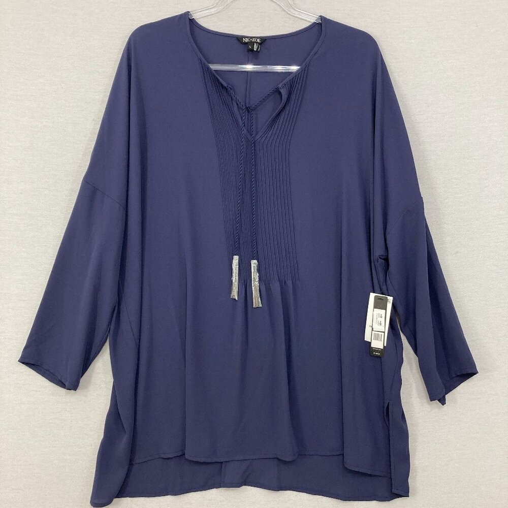 New Nic + Zoe Large Pintuck Tie Front Relaxed Flowy Popover Blouse Office Career